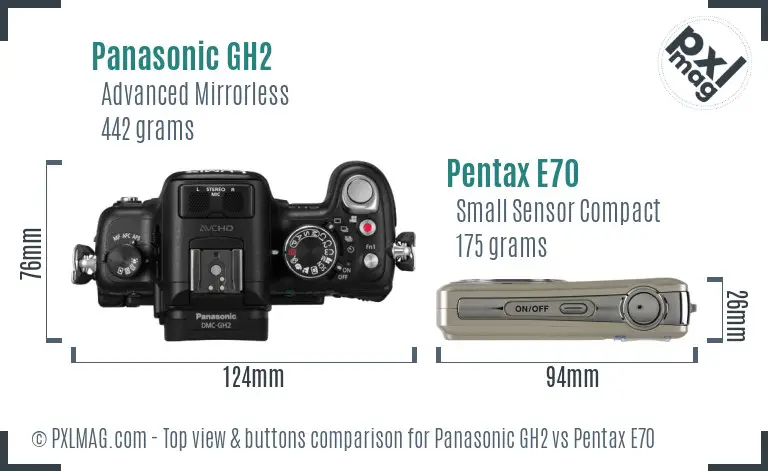 Panasonic GH2 vs Pentax E70 top view buttons comparison