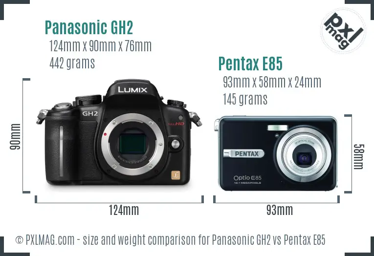 Panasonic GH2 vs Pentax E85 size comparison