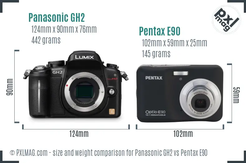 Panasonic GH2 vs Pentax E90 size comparison
