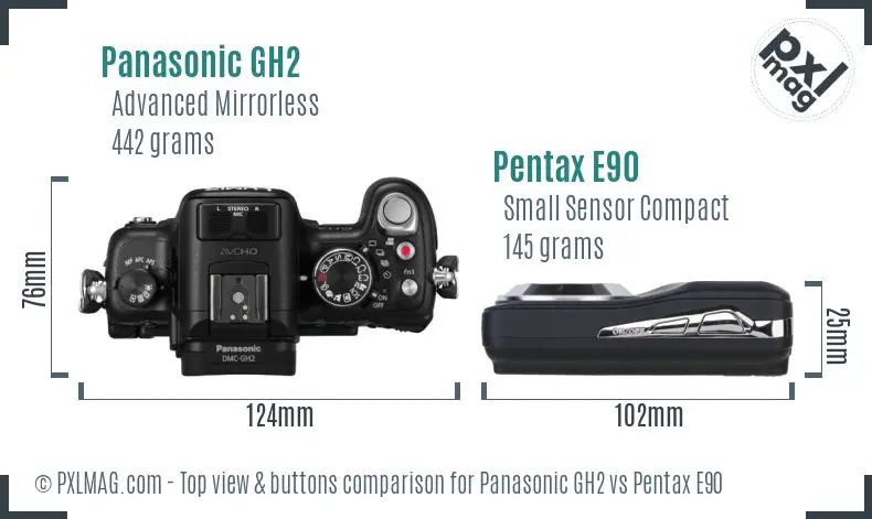 Panasonic GH2 vs Pentax E90 top view buttons comparison
