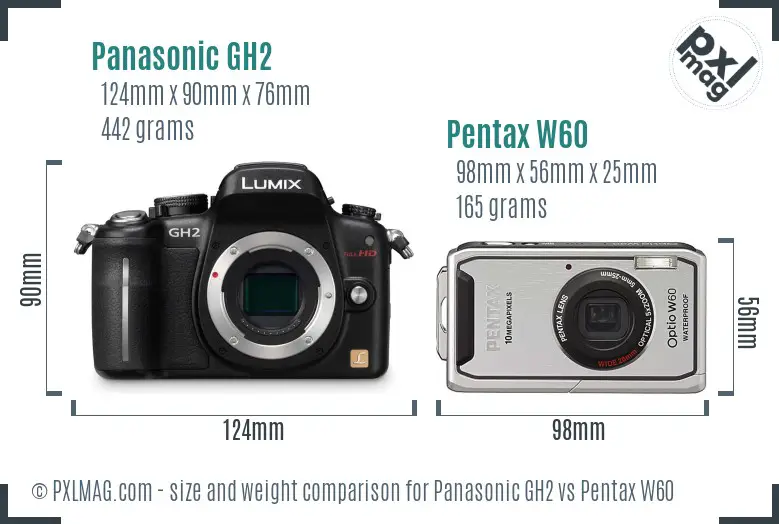 Panasonic GH2 vs Pentax W60 size comparison
