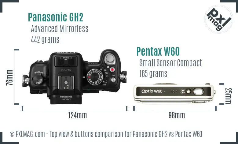 Panasonic GH2 vs Pentax W60 top view buttons comparison