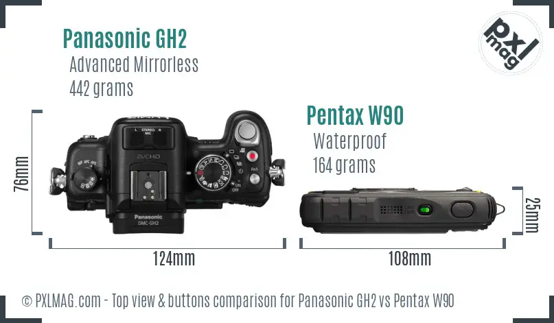Panasonic GH2 vs Pentax W90 top view buttons comparison