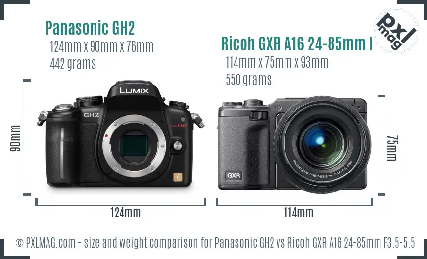 Panasonic GH2 vs Ricoh GXR A16 24-85mm F3.5-5.5 size comparison