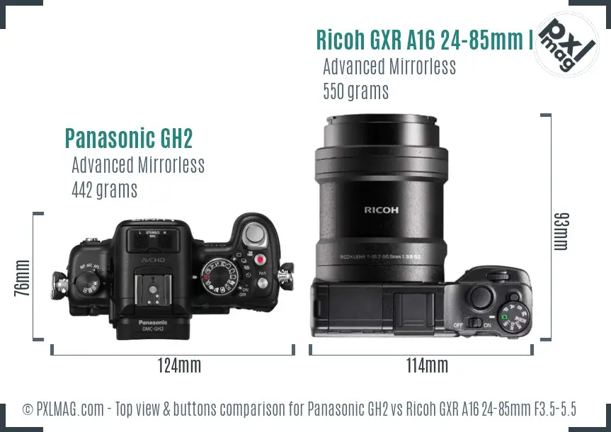 Panasonic GH2 vs Ricoh GXR A16 24-85mm F3.5-5.5 top view buttons comparison