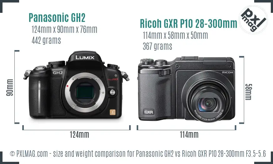 Panasonic GH2 vs Ricoh GXR P10 28-300mm F3.5-5.6 VC size comparison