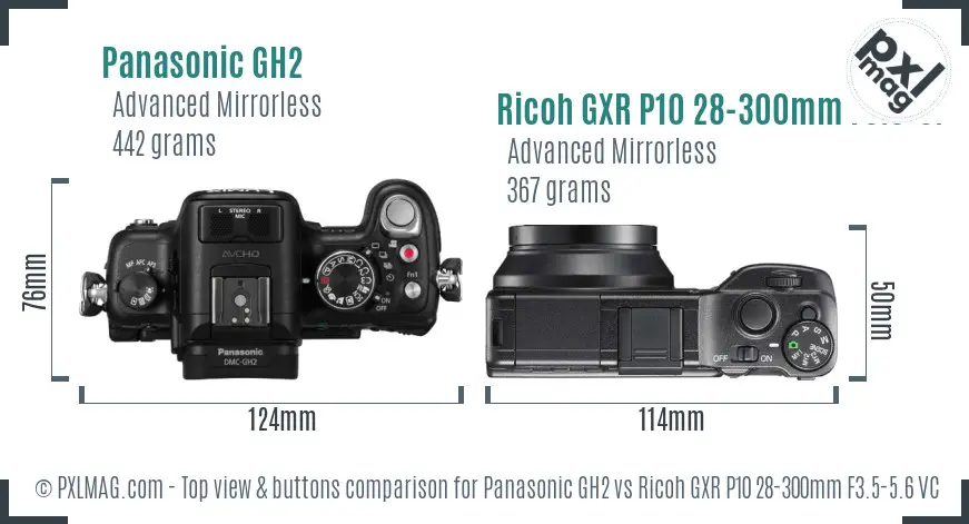 Panasonic GH2 vs Ricoh GXR P10 28-300mm F3.5-5.6 VC top view buttons comparison