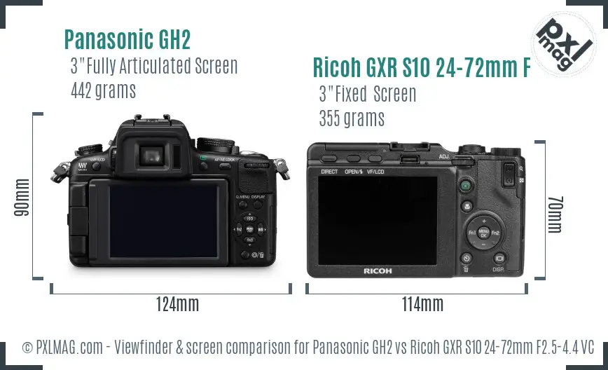 Panasonic GH2 vs Ricoh GXR S10 24-72mm F2.5-4.4 VC Screen and Viewfinder comparison