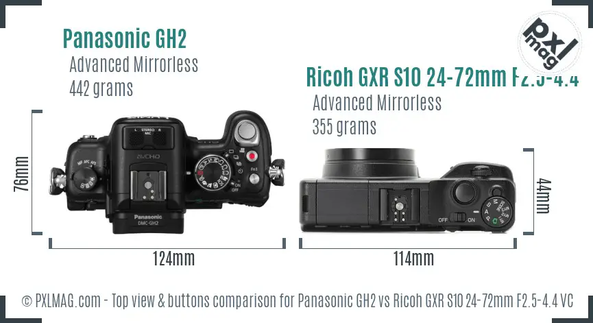 Panasonic GH2 vs Ricoh GXR S10 24-72mm F2.5-4.4 VC top view buttons comparison
