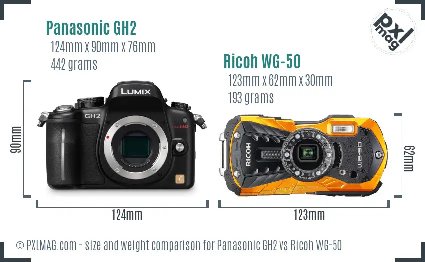 Panasonic GH2 vs Ricoh WG-50 size comparison