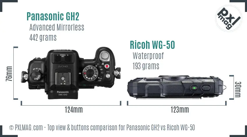 Panasonic GH2 vs Ricoh WG-50 top view buttons comparison