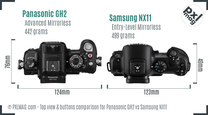 Panasonic GH2 vs Samsung NX11 top view buttons comparison Panasonic GH2 vs Samsung NX11 top view buttons comparison