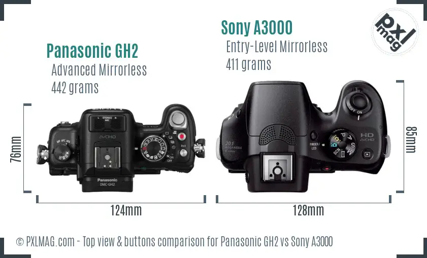 Panasonic GH2 vs Sony A3000 top view buttons comparison
