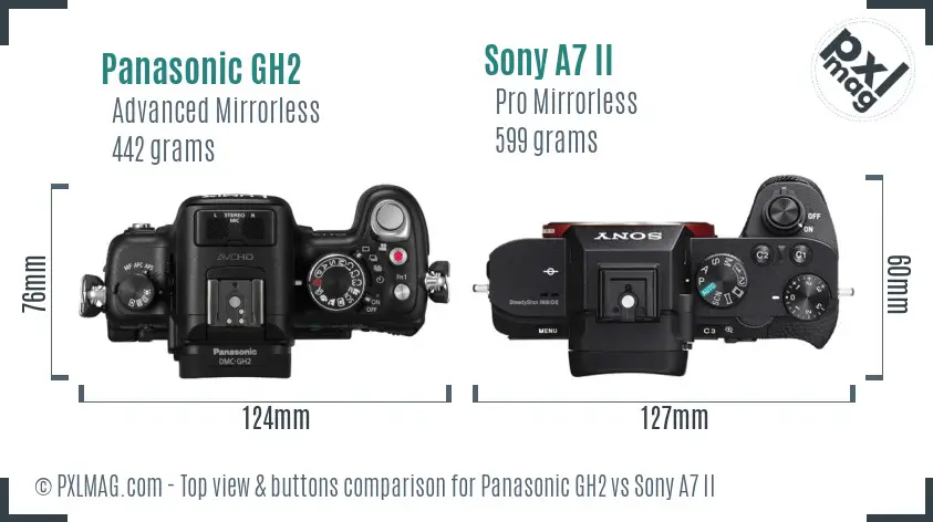 Panasonic GH2 vs Sony A7 II top view buttons comparison