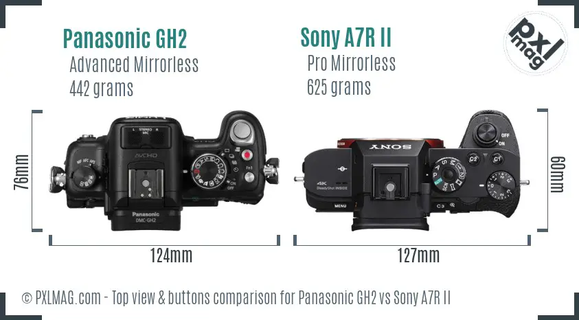Panasonic GH2 vs Sony A7R II top view buttons comparison