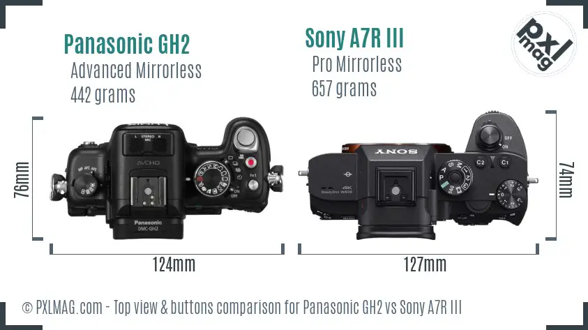 Panasonic GH2 vs Sony A7R III top view buttons comparison Panasonic GH2 vs Sony A7R III top view buttons comparison