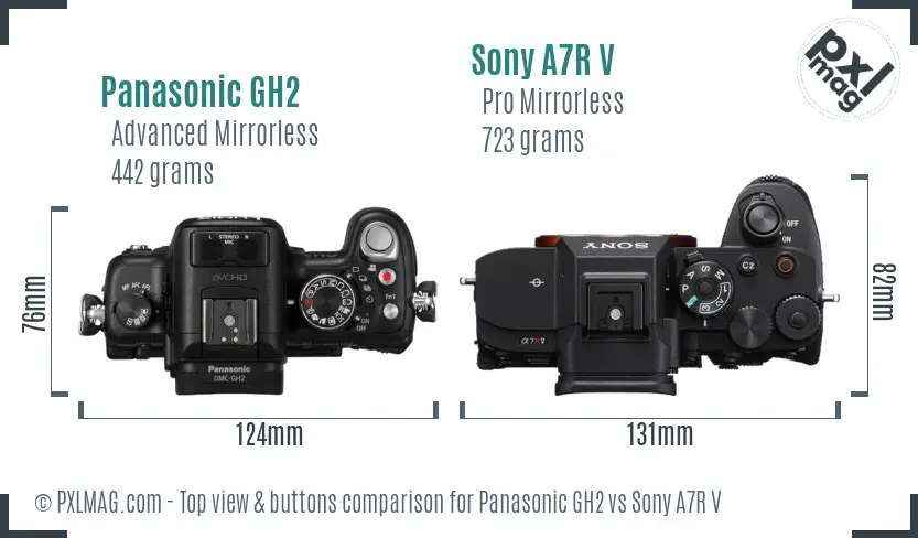 Panasonic GH2 vs Sony A7R V top view buttons comparison