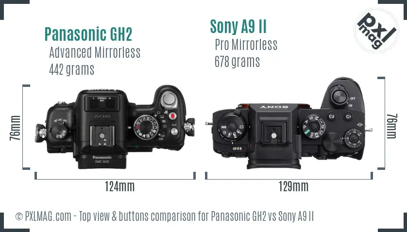 Panasonic GH2 vs Sony A9 II top view buttons comparison