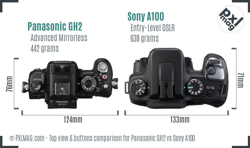 Panasonic GH2 vs Sony A100 top view buttons comparison Panasonic GH2 vs Sony A100 top view buttons comparison
