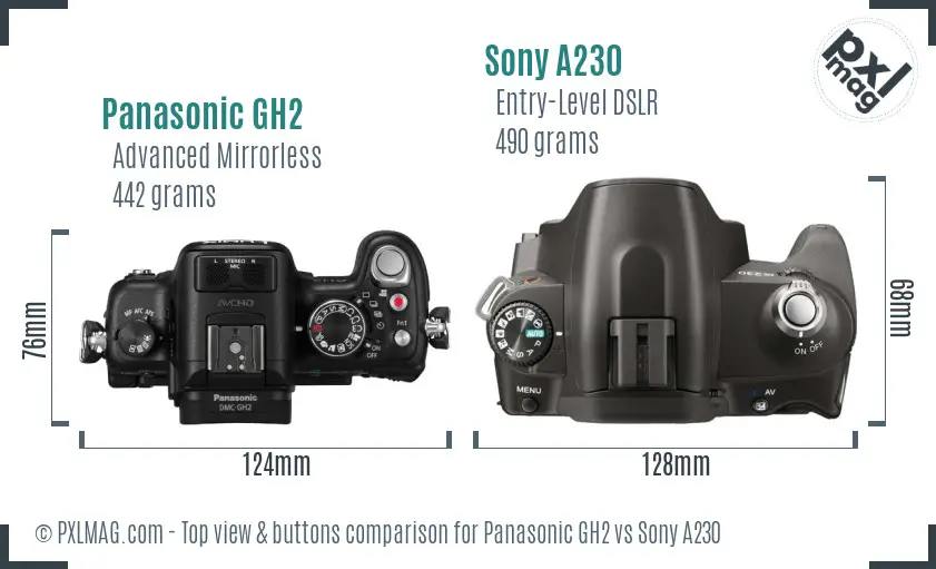 Panasonic GH2 vs Sony A230 top view buttons comparison