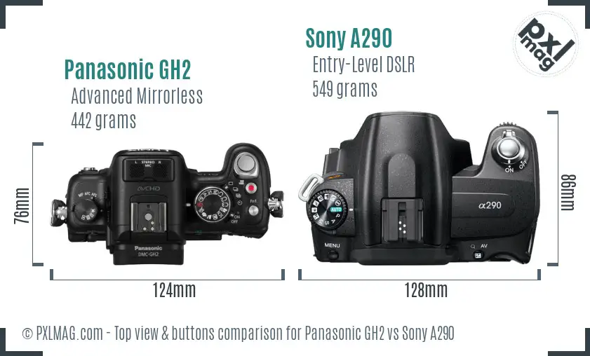Panasonic GH2 vs Sony A290 top view buttons comparison Panasonic GH2 vs Sony A290 top view buttons comparison