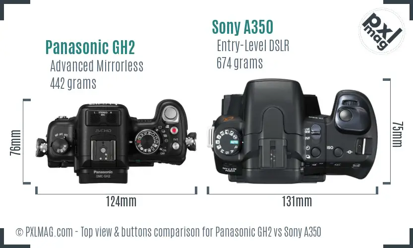 Panasonic GH2 vs Sony A350 top view buttons comparison Panasonic GH2 vs Sony A350 top view buttons comparison