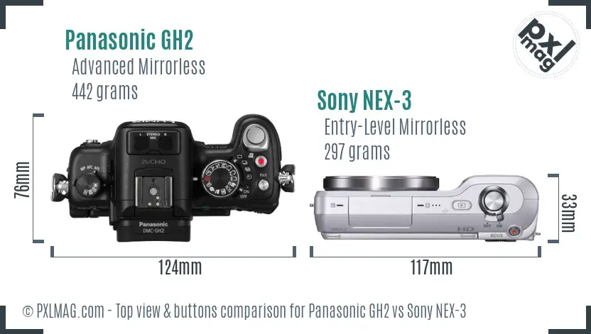 Panasonic GH2 vs Sony NEX-3 top view buttons comparison Panasonic GH2 vs Sony NEX-3 top view buttons comparison