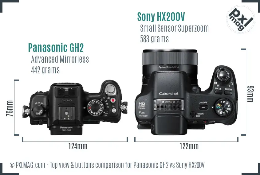 Panasonic GH2 vs Sony HX200V top view buttons comparison Panasonic GH2 vs Sony HX200V top view buttons comparison