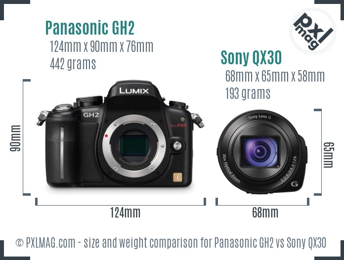 Panasonic GH2 vs Sony QX30 size comparison