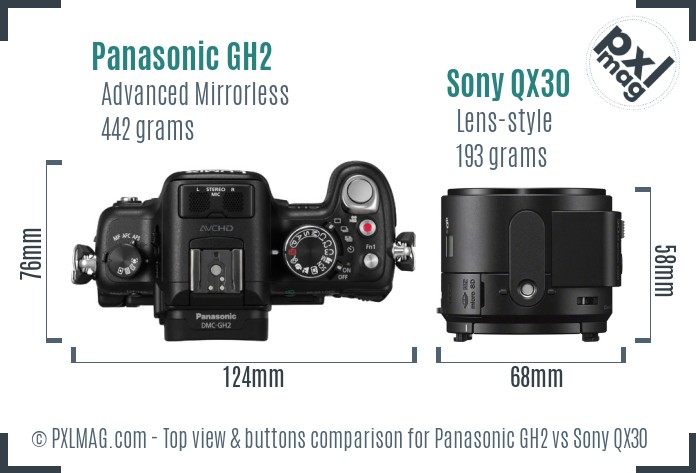 Panasonic GH2 vs Sony QX30 top view buttons comparison