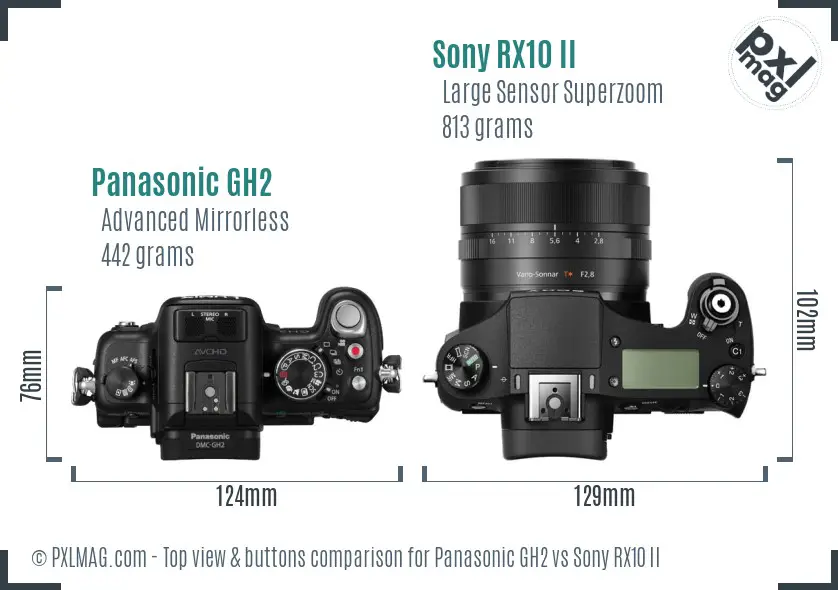 Panasonic GH2 vs Sony RX10 II top view buttons comparison