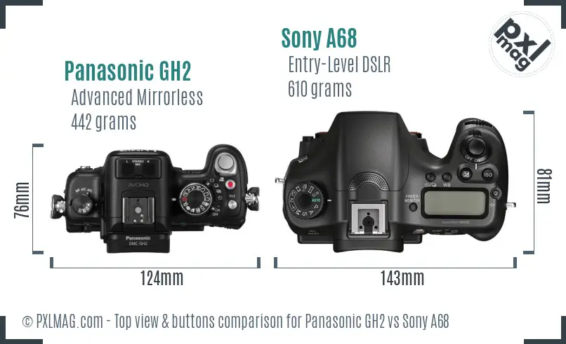 Panasonic GH2 vs Sony A68 top view buttons comparison Panasonic GH2 vs Sony A68 top view buttons comparison