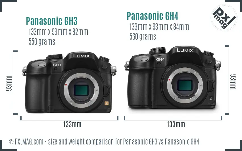 Panasonic GH3 vs Panasonic GH4 size comparison