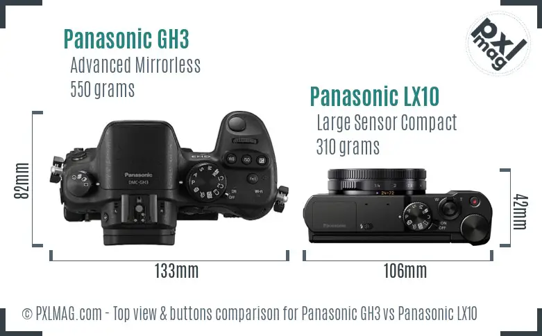 Panasonic GH3 vs Panasonic LX10 top view buttons comparison