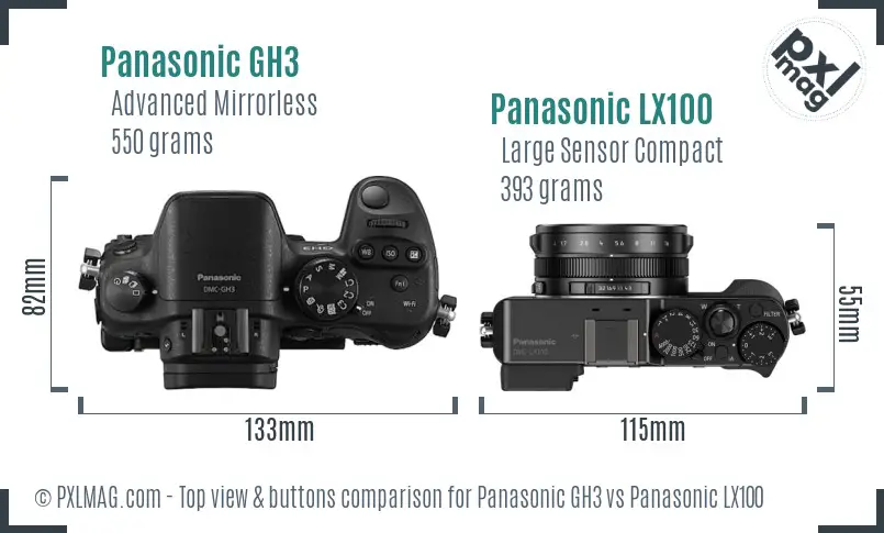Panasonic GH3 vs Panasonic LX100 top view buttons comparison