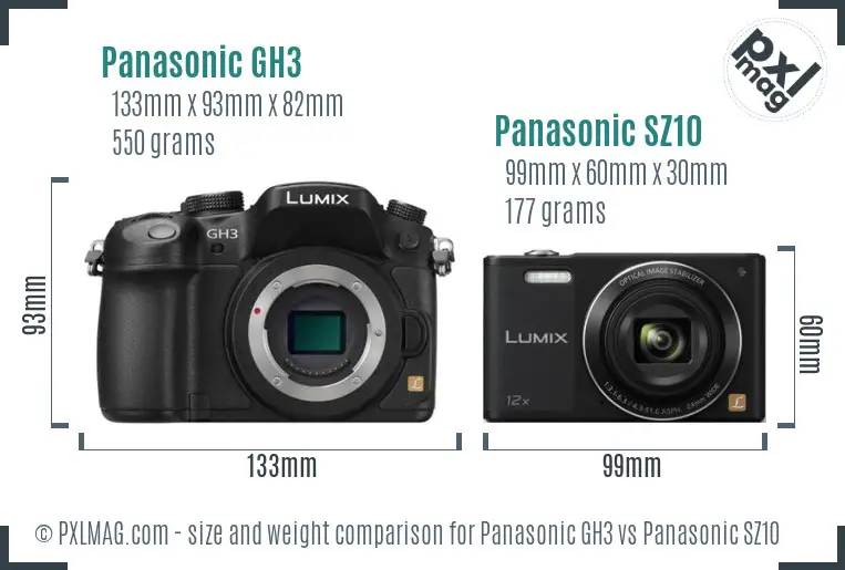 Panasonic GH3 vs Panasonic SZ10 size comparison
