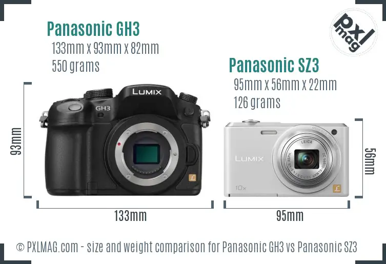 Panasonic GH3 vs Panasonic SZ3 size comparison