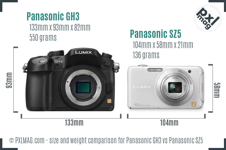 Panasonic GH3 vs Panasonic SZ5 size comparison