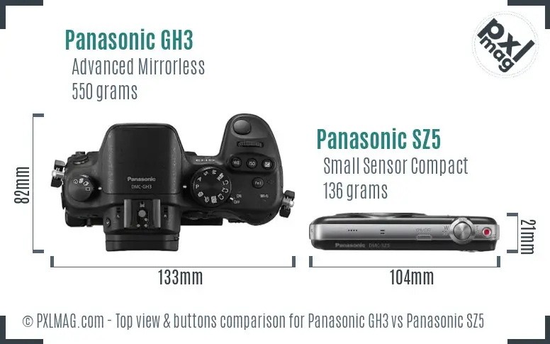 Panasonic GH3 vs Panasonic SZ5 top view buttons comparison