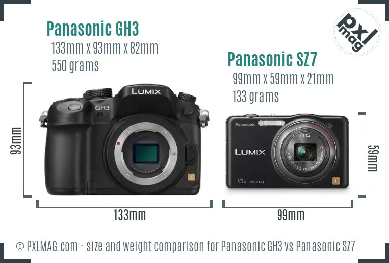 Panasonic GH3 vs Panasonic SZ7 size comparison