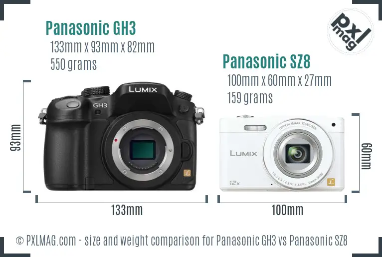 Panasonic GH3 vs Panasonic SZ8 size comparison