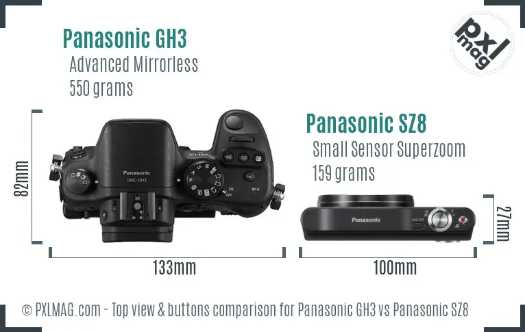 Panasonic GH3 vs Panasonic SZ8 top view buttons comparison