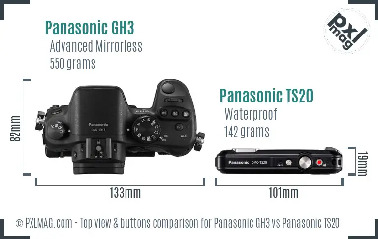 Panasonic GH3 vs Panasonic TS20 top view buttons comparison
