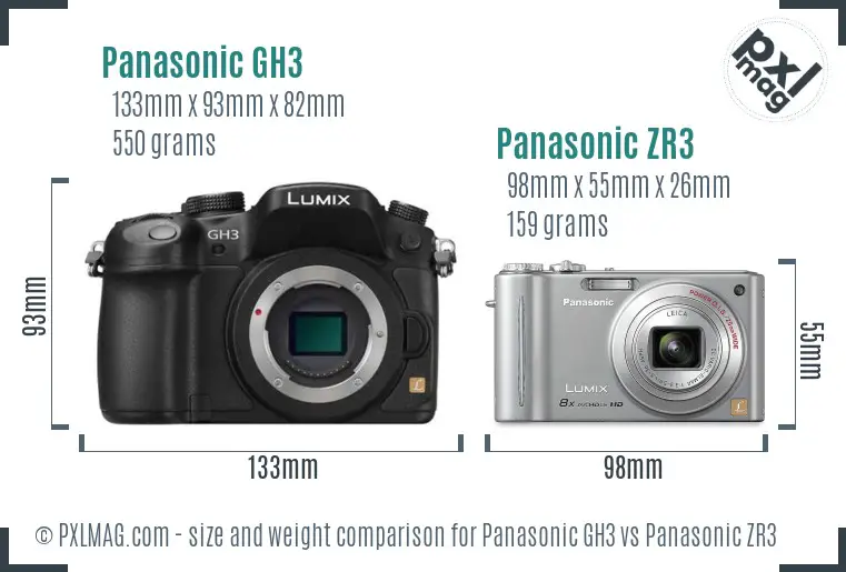 Panasonic GH3 vs Panasonic ZR3 size comparison