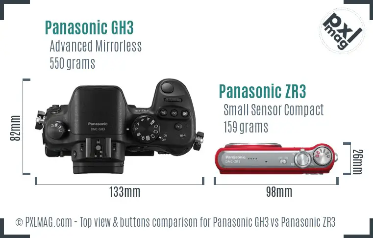 Panasonic GH3 vs Panasonic ZR3 top view buttons comparison