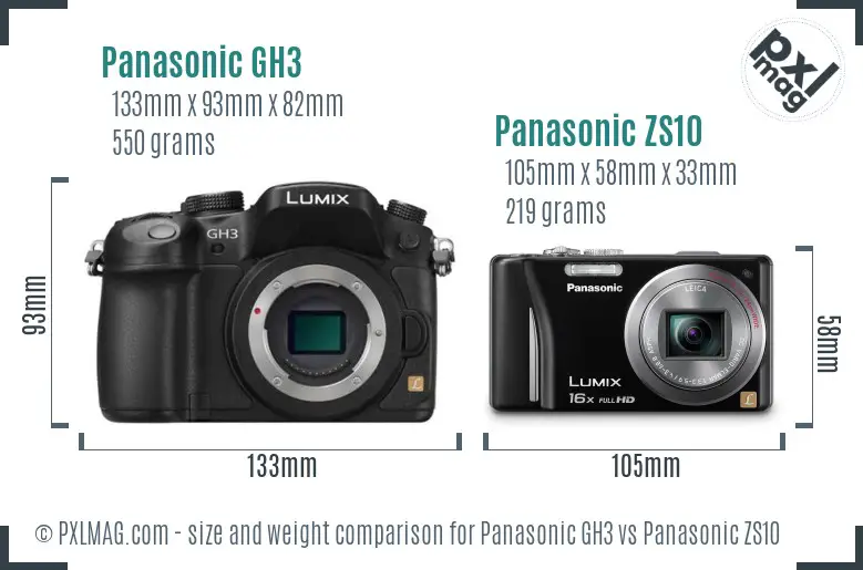 Panasonic GH3 vs Panasonic ZS10 size comparison