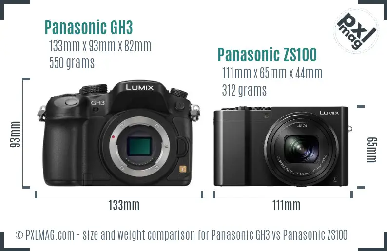 Panasonic GH3 vs Panasonic ZS100 size comparison