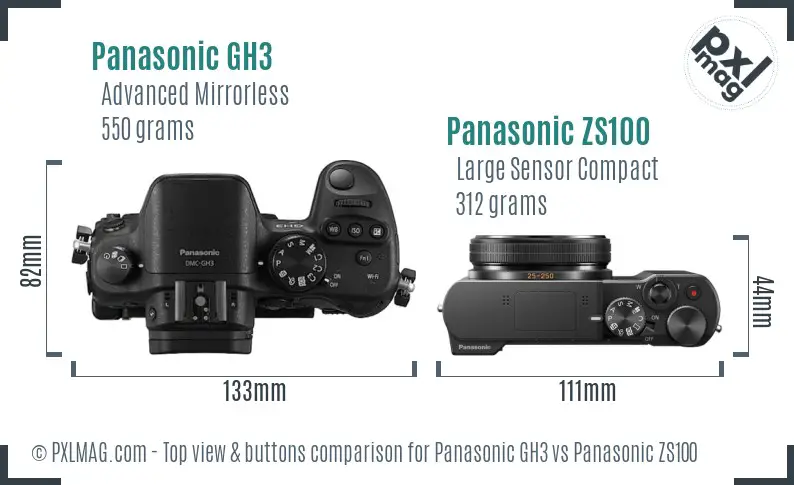 Panasonic GH3 vs Panasonic ZS100 top view buttons comparison