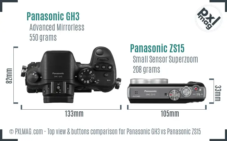 Panasonic GH3 vs Panasonic ZS15 top view buttons comparison