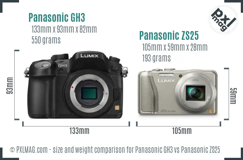 Panasonic GH3 vs Panasonic ZS25 size comparison